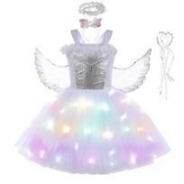 White Swan LED Light Up Tutu Dress, Kids T-stage Runway Gown with Free Angel Wings XL(7-8Y) gray