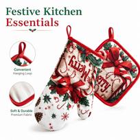 Oven Mitts Set of 2, Christmas Print Heat Kitchen Gloves for Baking and Microwave Use One Size