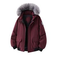 Rudens žiemos vyriškas parkas su gobtuvu Vyriški laisvalaikio paltai su dirbtinio kailio apykakle Vyriškas aukštosios gatvės medvilninis paminkštintas švarkas Unisex lauko švarkai M vyno raudonos spalvos