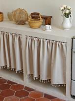 Smėlio spalvos trumpa spintelės užuolaida Apsauga nuo dulkių Po kriaukle Sandėliavimo dangalas Paslėpti netvarką Virtuvė Namų dekoras Sodyba 140 x 30cm smėlis