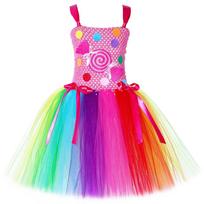 Girls Lollipop Candy Costume Rainbow Sweets Candyland Tutu Dress Baby Kids Festival Birthday Carnival Party Tulle Princess Dress 9 pink
