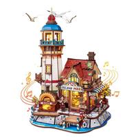 ROKR 3D Wooden Puzzle Island Pizza Shop Light Effects Music Interior Decoration Miniature House Movable Model Atmosphere Creation Entrance Craft Kit brown