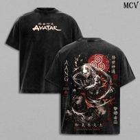 Vintage Wash Oversized Tee, Avatar The Last Airbender Retro Aang Avatar State Art, Front Avatar Logo Double‑Sided Unisex Fan Apparel 3XL black