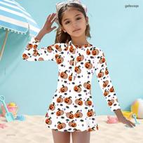 Girls White High Neck Long Sleeve Front Zip One Piece Swimsuit Cartoon Ghost Bat Printed Skirt Hem 140 white