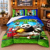 Kung Fu Panda Pattern Bedding 3Pcs Set Bed Sheet And Pillowcases For Indoor Bedroom 135cmx200cm blue