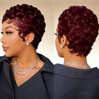 6-Inch Remy Human Hair Pixie Curly Wave Wig with Bangs | 150% Density Full Machine Made Wig, Easy To Wear for Daily Use & Partie 6inches&150% brown