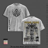 Retro Gundam Wing Zero T-shirt – Vintage Washed Heavy Cotton Oversized Anime Tee 2XL gray