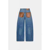 Womens Baggy Low Rise Straight Leg Jeans Leather Patchwork Denim Trousers Streetwear L gray