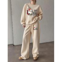 Women's Crewneck Sweatshirt & Drawstring Straight-Leg Pants Set, Christmas Print Loungewear, Loose Comfortable Holiday Casual 2-Piece Outfit 5XL abrikosas