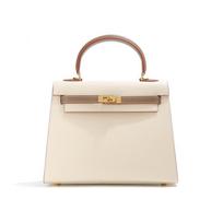 Outer seam advanced palm pattern cowhide color matching Kelly bag shoulder new leather women's bag portable messenger bag beige