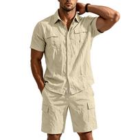 Men's 2 Piece Outfit Short Sleeve Button Down Cargo Shirt and Drawstring Cargo Shorts Set Summer Casual Matching Suit S chaki