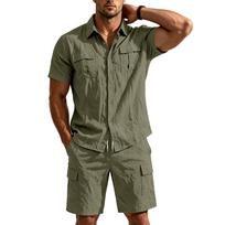 Men's 2 Piece Outfit Short Sleeve Button Down Cargo Shirt and Drawstring Cargo Shorts Set Summer Casual Matching Suit M armijos žalia spalva