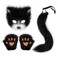 Helovino kostiumo aksesuarų rinkinys Moterims Pliušinė lapės kaukė Realistiška uodega Atitinkamos pirštinės 18 spalvų variantų Black-White Mask Set with Black Tail