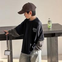 Boys Long Sleeve Striped Mock Two Piece T Shirt Kids Spring Autumn Basic Top 140cm tamsiai mėlyna spalva