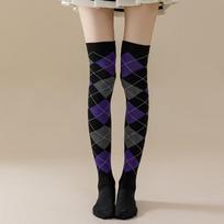 European Style Diamond Plaid Over-the-Knee Thigh High Socks for Women, Cosplay and Dance. One Size black