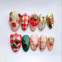24PCS Vintage Almond Press on Nails Sweet 3D Pink Roses Lace Black Swan False Nails Sweet Cool Polka Dots Patterns Nail Tips Art red