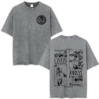 651. Washed Tee Anime Jojo Bizarre Adventure STEEL BALL RUN Manga Vintage Acid Washed T Shirts Men Women Clothing Casual Short Sleeves T-shirts oversi 4XL gray