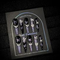 Purple cat-eye long stiletto press-on nails, handmade, gothic butterfly design. M black