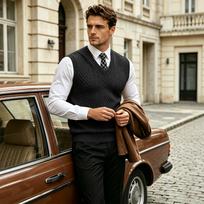 Men's V-Neck Sweater Vest Color Sleeveless Knit Pullover M juoda