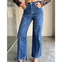 Fashion Rivet Street Style Denim Straight Leg Pants M mėlyna