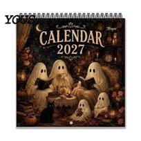 Durable Paper Wall Planner Ghost Calendar 2027, Retro Illustration Monthly with Sturdy Coil Writing Space Binding And Thick Matte for Decoration A brown