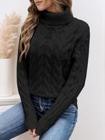Women's Turtleneck Long‑Sleeve Cable Knit Sweater Solid Color Textured Knitted Pullover Top XL black
