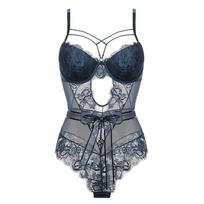 Elegant Lace Thong Bodysuit with Supportive Top and Stylish Back Design Bust 85B gray
