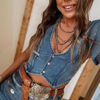 Women S Denim Vest V Neck Sleeveless Single Breasted Top S mėlyna