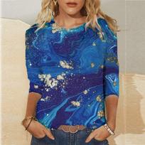 Womens Daily Summer Print O Neck Tops Three Quarter Sleeve Round Neck Tee Shirt Printed Flower Loose Side Split Blouse Tunic S