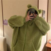Harajuku Kawaii Užtrauktuku Hoodie Moteriškas megztinis Japoniškas Varlė Storas Per didelis ėriukų vilnos paltai Madingi Šilti žieminiai drabužiai XXL brown