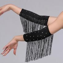 Performance Stage Latin Dance Fringed Sleeves Drilling Rhinestone Solid Color Fringe Tassel Gloves Flash Latin Dance Costumes black
