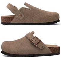 Crestar Women Cow Suede Clogs Cork Footbed Leather Mules Lady Outdoor Comfort Arch Support Potato Shoes with Adjustable Strap 39 black