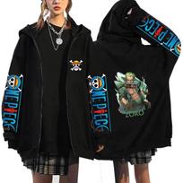 One Piece Zoro Santoryu Green Zip Hoodie Straw Hat Logo with One Piece Sleeves Zoro Three Sword Fighting Pose with ZORO Green Text Anime Zip-Up XXS juoda