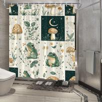 Whimsical Nature Shower Curtain - Cartoon Frog, Mushroom & Night Sky Design, Green Leaves & Cream Background W90xH180cm black