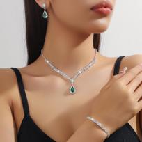 3pcs Set Red Water Dop Stone Necklace Earrings Bracelet Full Crystal Stone Necklace Blue Green Red Color Pendant Woment Zircon žalia