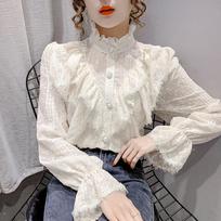 Korean Style Ruffle Stitching Lace Blouse Fashion Long Sleeve Loose Chiffon Shirt Elegant Stand Collar Pleated Tops Blusas XL abrikosas