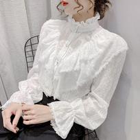 Korean Style Ruffle Stitching Lace Blouse Fashion Long Sleeve Loose Chiffon Shirt Elegant Stand Collar Pleated Tops Blusas XL balta
