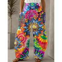 Trendy Vibrant Women'S Wide-Leg Pants Psychedelic Neon Color Mandala Floral Print Casual Loose Trousers 5XL blue