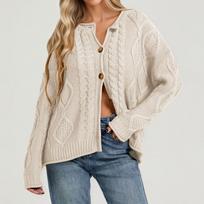 Women's Long Sleeve Cable Knit Cardigan Color Casual Sweater Top M smėlis