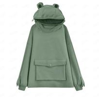 Women's frog sweater women's velvet medium and long cute hooded jacket top L gray