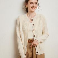 Women's Thick Cashmere Cable Knit Cardigan, Long Sleeve, Loose Fit, Slimming, Warm, Round Neck, Single-Breasted Extra Large beige
