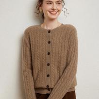 Women's Thick Cashmere Cable Knit Cardigan, Long Sleeve, Loose Fit, Slimming, Warm, Round Neck, Single-Breasted Extra Large brown