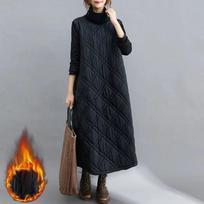 Retro Quilted Diamond Dress Thick Stitching Warm Autumn Winter Clothing Women's High-Neck Casual Long Tunic S juoda