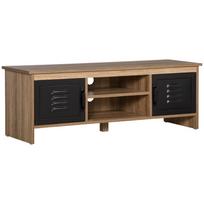 Industrial TV Stand/Bench, 110cm, 2 Cupboards, 2 Shelves, Cable Holes, Wood Grain, Black Metal