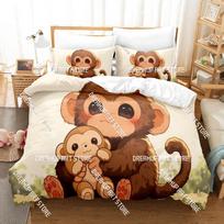 Fashion Baby Monkey Punch Bedding Set Single Twin Full Queen King Size Bed Set Kids Bedroom Duvetcover Sets Bed Sheet Set EU Single(90x200cm)
