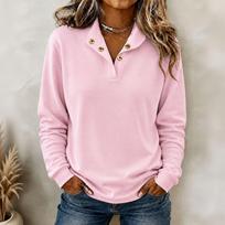 Women's Loose Fit Collared Button Front Sweatshirt, Color Long Sleeve Pullover S rožinė