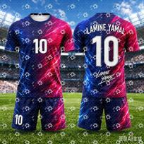 Lamine Yamal 10 Jersey Set Blue Red Split Gold Lightning Print Round Neck Short Sleeve Soccer Shirt + Drawstring Shorts 2-Piece 130