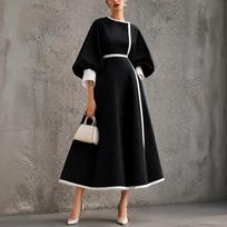 Women's Elegant Navy Blue Color Block Midi Dress with Cinched Waist and Three-Quarter Sleeves for Semi-Formal Wear XXL juoda