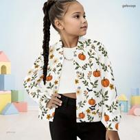 Girls White Stand Collar Long Sleeve Halloween Jacket Pumpkin Bat Bow Print Outerwear 110 beige