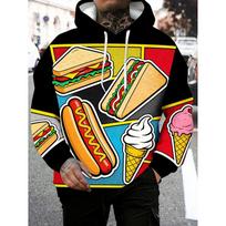Fast Food Burger Pizza Print Men Hoodie Autumn Winter Fashion Coat Comfortable Warm Round Neck Long Sleeve Pocket Large Size Hoodies 6XL yellow